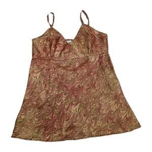 Vtg Marbled‎ Tank Top Small S Semi Sheer Silk Brown Green Swirl Pattern Boho 90s